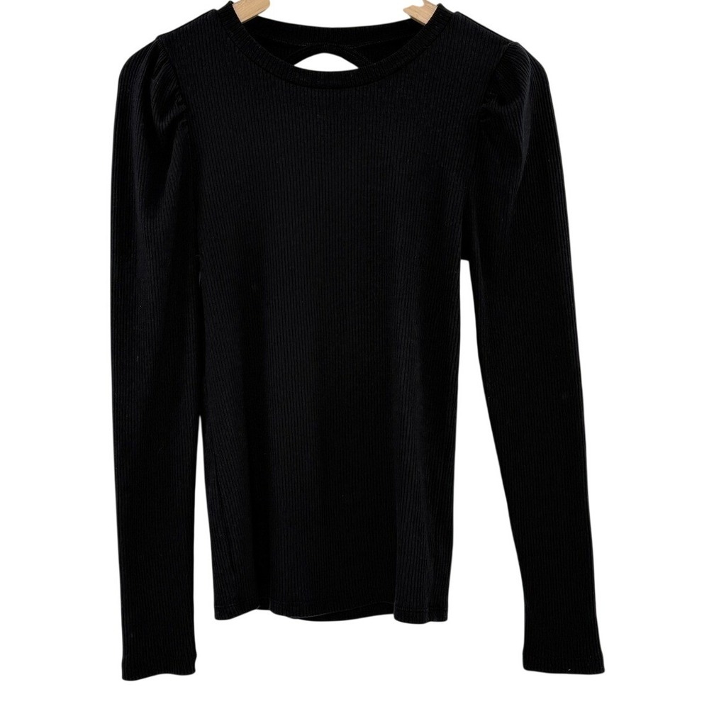 Gap Womens Black Ribbed Open Back Puff Sleeve‎ Long Sleeve Top Small